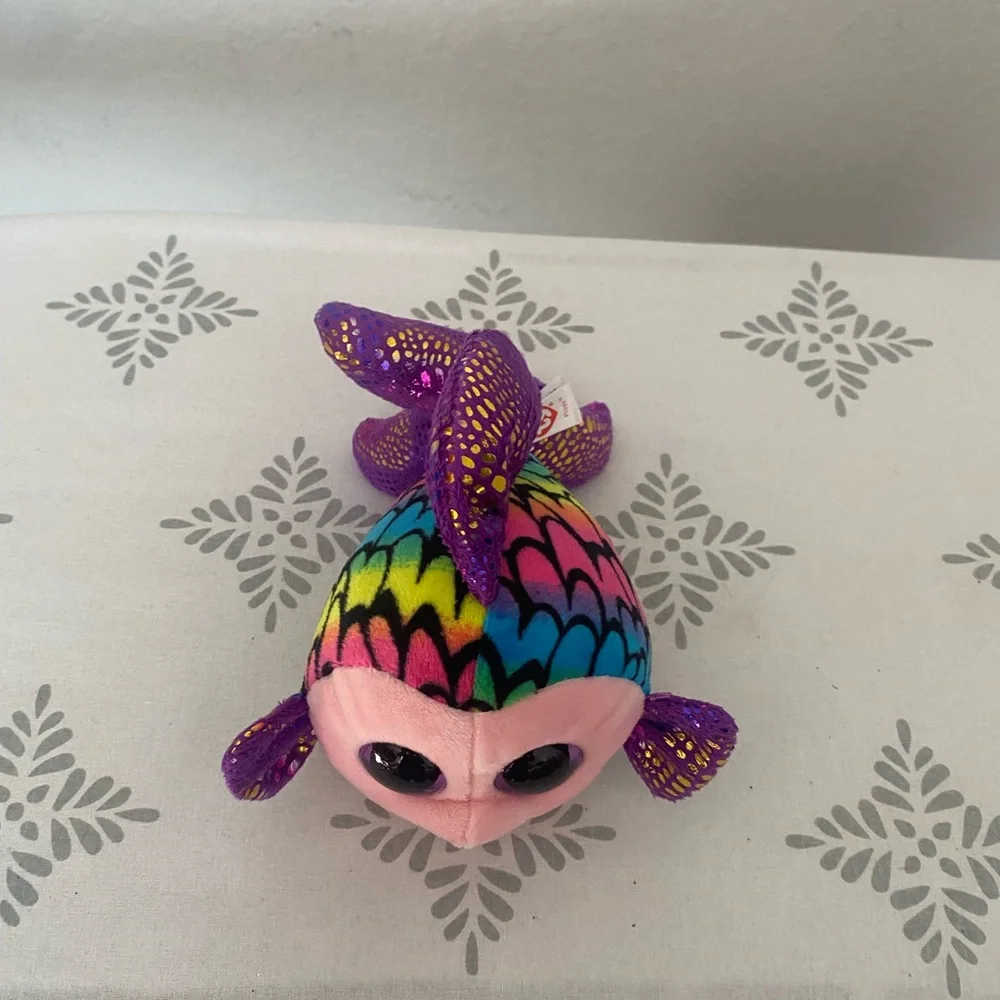 TY Beanie Boo FLIPPY Fish Plush Rainbow Purple Glitter Eyes 6